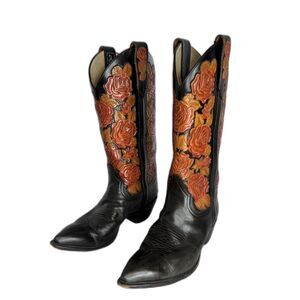 Larry Mahan Boots Womens Size 6.5 B hand-Tooled Leather Rose Western Cowboy 90s